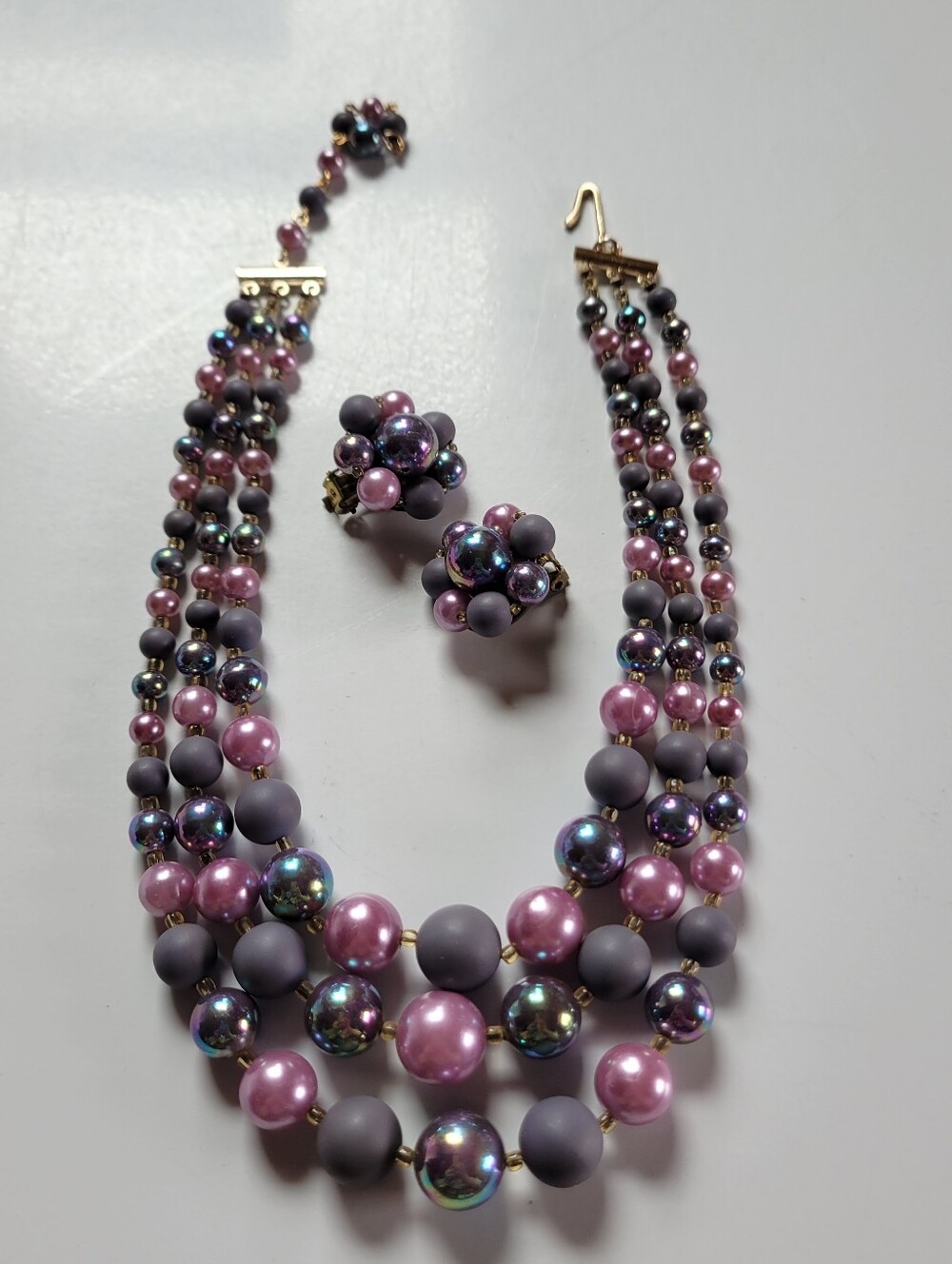 Purple & Pink Multi-Strand Beaded Necklace Set with Clip-On Earrings